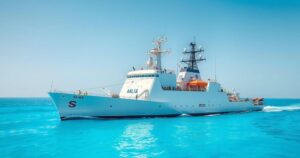 Illustration of a naval vessel conducting inspection at sea with a clear sky in light blue and white tones.