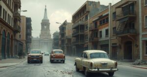 A distressed urban landscape showing deserted streets with deteriorating buildings and scattered debris.