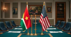 South African and American flags at a diplomatic meeting, with a tense atmosphere and national symbols.