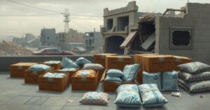 A landscape showing humanitarian aid being delivered amidst a backdrop of war-torn buildings, emphasizing support.
