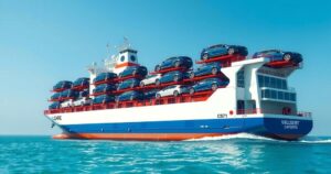 A car carrier ship filled with electric vehicles set against a vibrant blue sky and calm ocean waters.