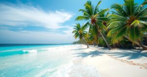 A serene beach scene in Thailand with tranquil turquoise waters and lush green palm trees.