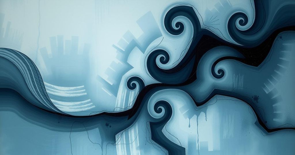 Artistic depiction of immigration challenges, featuring abstract elements and a muted color scheme.