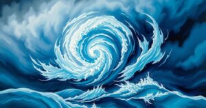Colorful illustration depicting a strong hurricane in the Atlantic with swirling clouds and ocean waves.