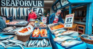 A vibrant market filled with fresh fish and seafood, showcasing diverse marine life in a bustling atmosphere.