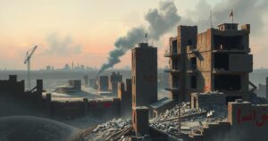 A dramatic landscape illustrating a war-torn area in Syria, featuring crumbling buildings and dark clouds.