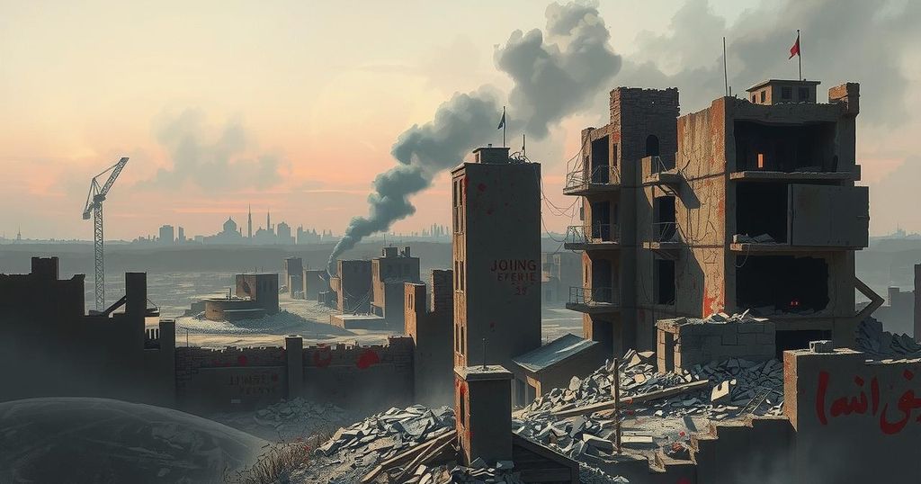 A dramatic landscape illustrating a war-torn area in Syria, featuring crumbling buildings and dark clouds.