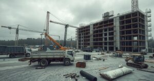 A construction site under cloudy skies with machinery, showing an empty space and tools symbolizing labor issues.