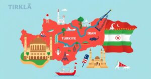 A map featuring Turkiye, Iran, Azerbaijan, and Tajikistan with colorful landmarks and traditional icons in a bright style.