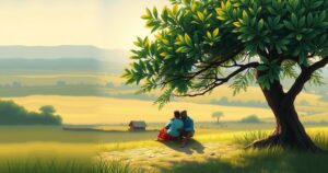 A serene landscape of Malawi with couples engaging in supportive dialogue under a tree, emphasizing partnership and health awareness.