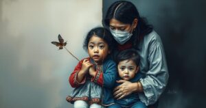 A somber scene showing a symbolic representation of family separation due to immigration policies, with stark colors.