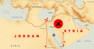A stylized map of the Middle East showing proposed land swaps between Jordan and Syria, in muted earth tones.