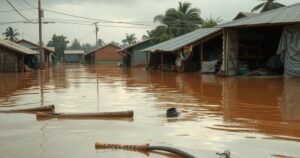 Flooded market town in northern Nigeria, showcasing submerged buildings and brown floodwaters.