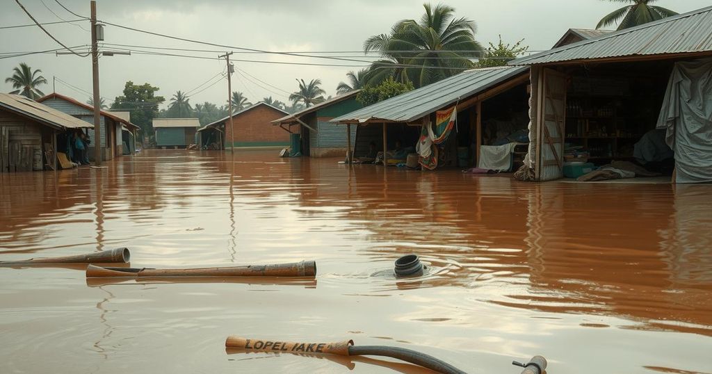 Flooded market town in northern Nigeria, showcasing submerged buildings and brown floodwaters.