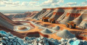 A vast landscape of mining operations illustrating battery mineral extraction in vibrant colors, showcasing efficiency and scale.