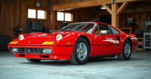Iconic red Ferrari sports car in a vintage garage setting, representing basketball history and luxury.