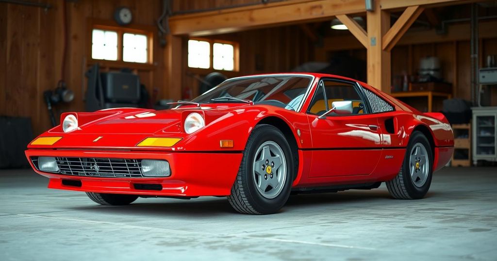Iconic red Ferrari sports car in a vintage garage setting, representing basketball history and luxury.