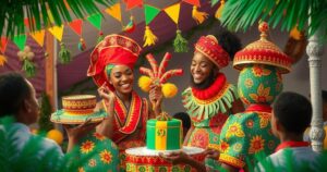 Young graduate celebrating achievement with traditional Cameroonian decorations and vibrant colors in a joyful atmosphere.