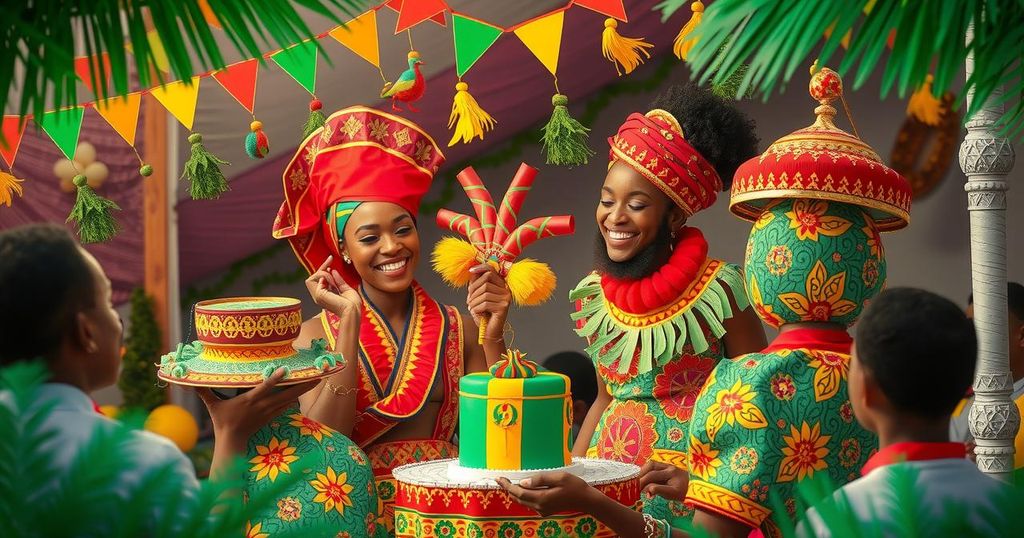 Young graduate celebrating achievement with traditional Cameroonian decorations and vibrant colors in a joyful atmosphere.