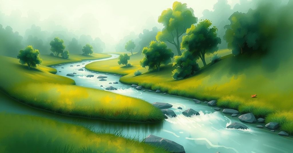 A serene landscape depicting a lush green area with natural water sources representing Angola's environment.