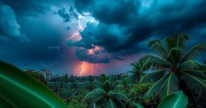 A lush, tropical landscape in Cuba with dark rain clouds and lightning, depicting the first tropical wave of the season.