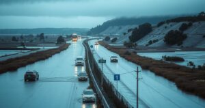 Flooded highways in Argentina after heavy rainfall, with water covering roads and stranded vehicles in a rural landscape.