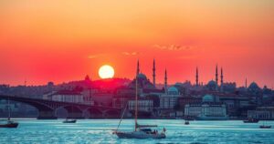 A scenic view of Istanbul's skyline with cultural landmarks, symbolizing diplomatic talks between nations.
