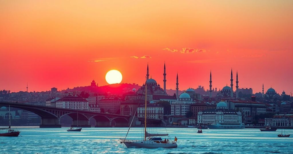 A scenic view of Istanbul's skyline with cultural landmarks, symbolizing diplomatic talks between nations.