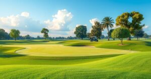 A scenic view of a golf course with lush greenery and clear skies, symbolizing harmony and sportsmanship.