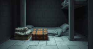 A dark, cramped jail cell with two suitcases and meager bedding, highlighting a tense atmosphere.