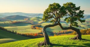 Landscape of Kursk with rolling hills and patches of forest, showcasing unity symbolized by intertwined branches in hues of green and brown.