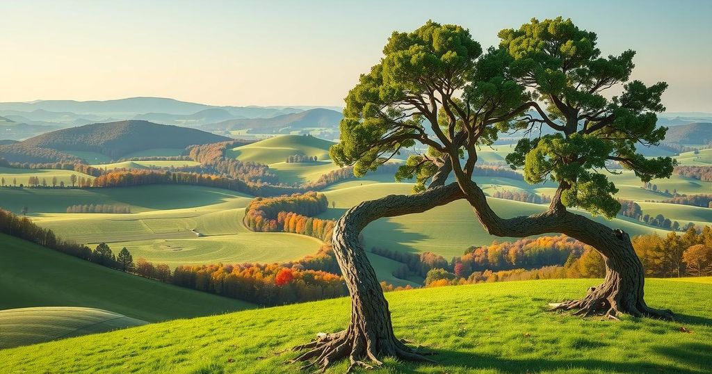 Landscape of Kursk with rolling hills and patches of forest, showcasing unity symbolized by intertwined branches in hues of green and brown.