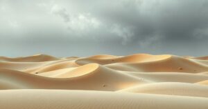 A somber landscape of a deserted sand dune area under a gray sky, representing loss and absence.
