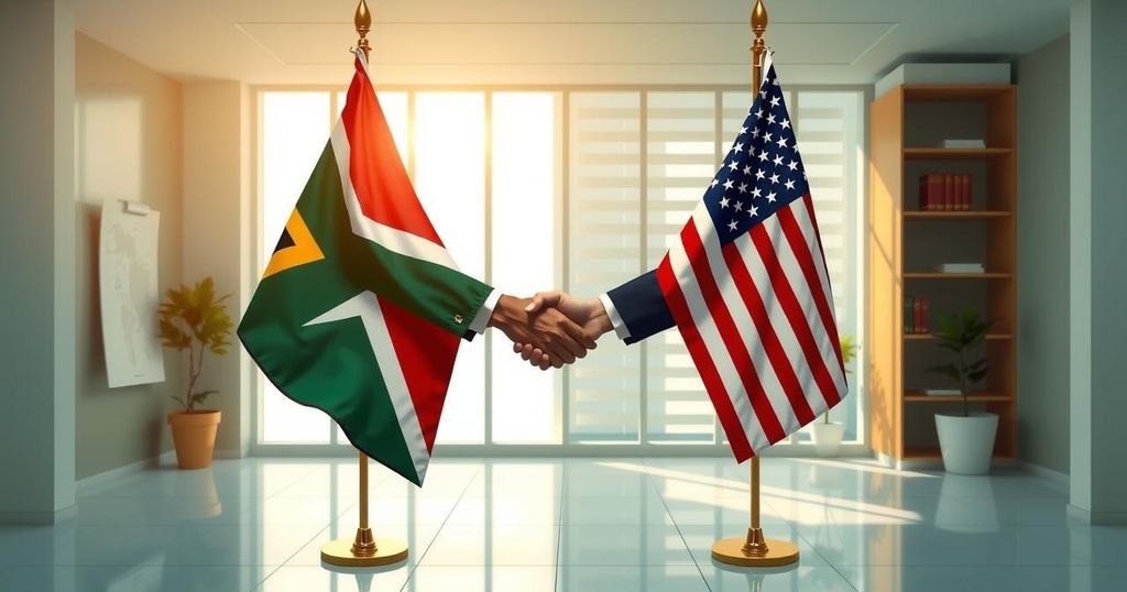 Diplomatic handshake between South Africa and US flags, showcasing unity with green and gold color scheme.