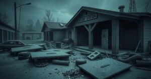 A somber scene of a military recruitment station, surrounded by debris and a dark, moody color scheme.