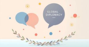 An abstract representation of global diplomacy with symbols of a conversation, peace, and unity in soft pastel colors.