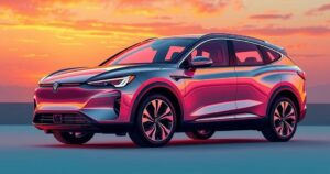 Sealion 07 electric SUV in a vibrant sunset backdrop showcasing modern electric vehicle design.