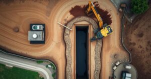 Aerial view of a farm site with an excavator digging a trench for poultry disposal amidst health safety measures.