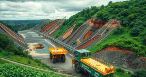 A panoramic view of a vibrant green landscape with mineral-rich hills, showcasing rare-earths mining and processing activity.