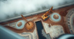 An aerial view of a construction site with an excavator digging a trench under a cloudy sky in Brazil.