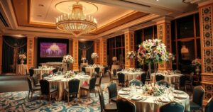 A glamorous wedding venue filled with elegant decorations and joyful atmosphere during a grand celebration event.