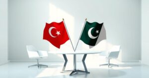 Two elegant flags symbolizing Turkey and Pakistan against a soft pastel background, representing diplomatic talks.