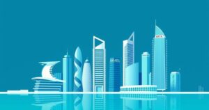 A modern skyline in the United Arab Emirates with abstract representation of insurance and finance themes.