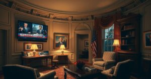 A dimly lit Oval Office with a large screen showcasing various news clips and political figures, emphasizing a diplomatic meeting.