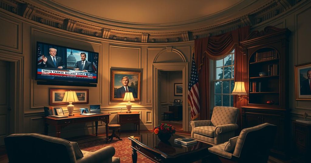 A dimly lit Oval Office with a large screen showcasing various news clips and political figures, emphasizing a diplomatic meeting.