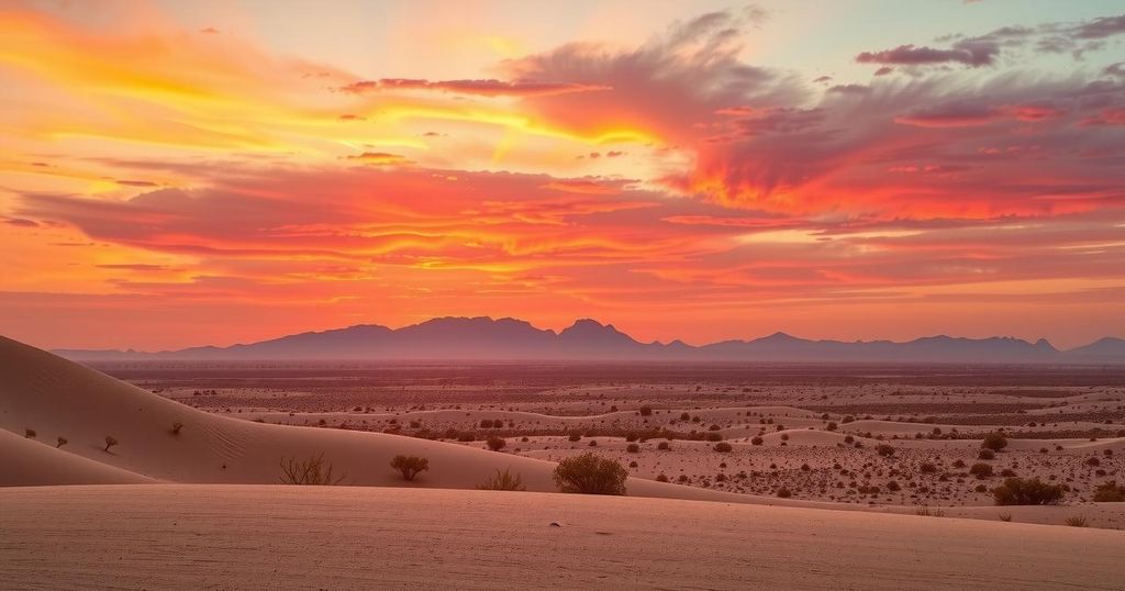 Vast desert landscape under a colorful sunset sky with distant mountains and sparse vegetation.