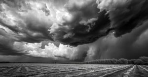 Distressed landscape with dark clouds and a somber atmosphere, reflecting tension and conflict.