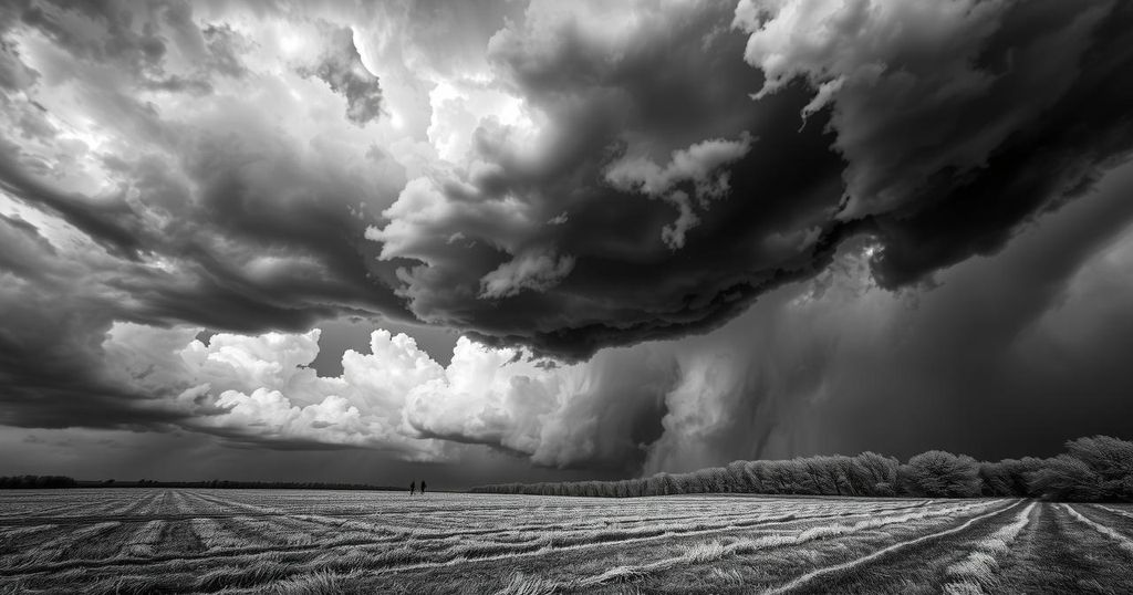 Distressed landscape with dark clouds and a somber atmosphere, reflecting tension and conflict.