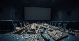 Theatre interior with debris from a ceiling collapse, movie screen in foreground, moody lighting.
