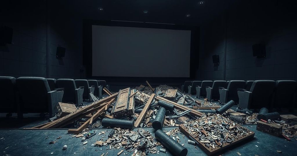 Theatre interior with debris from a ceiling collapse, movie screen in foreground, moody lighting.